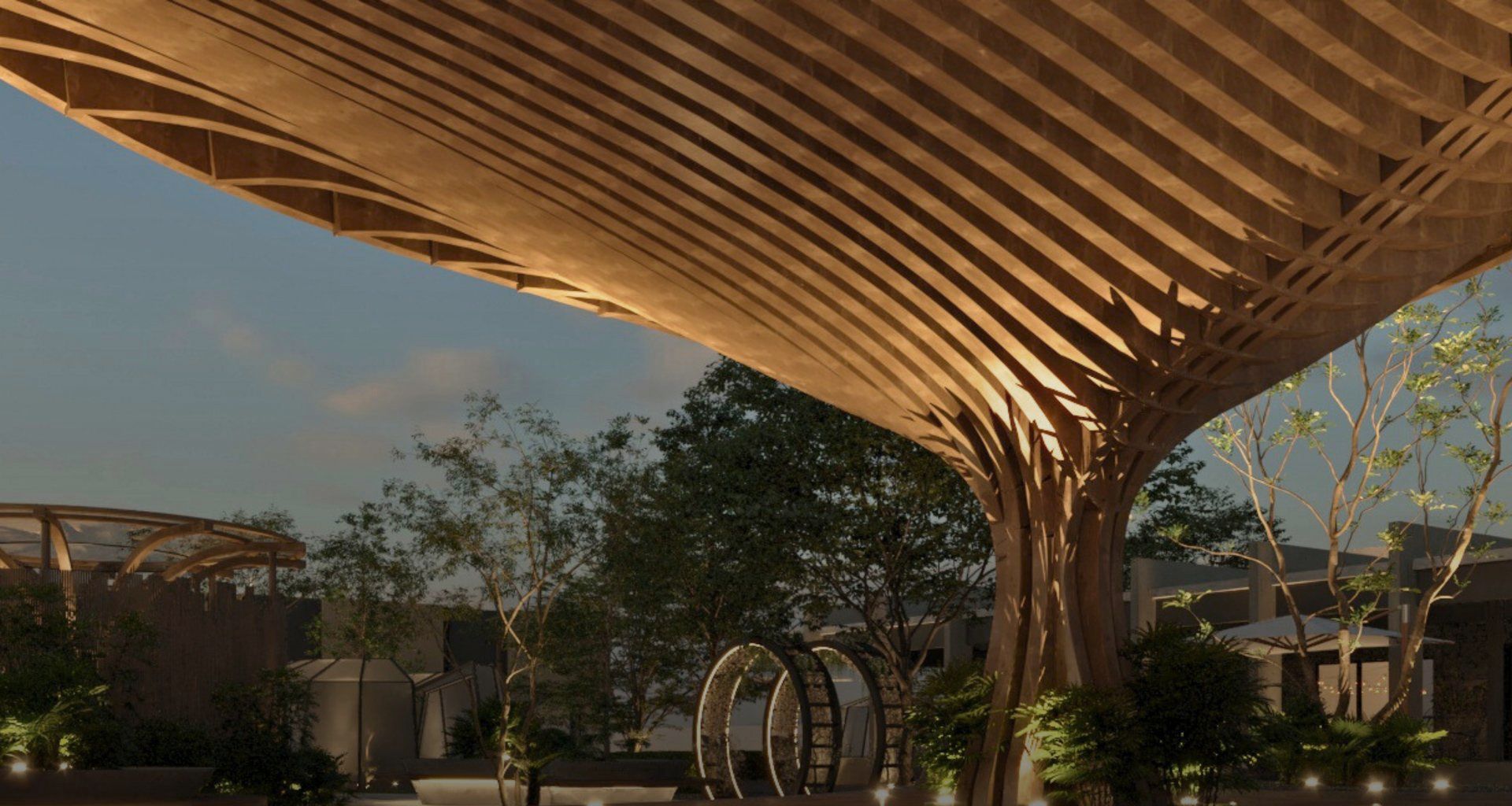 Render de la pérgola de madera