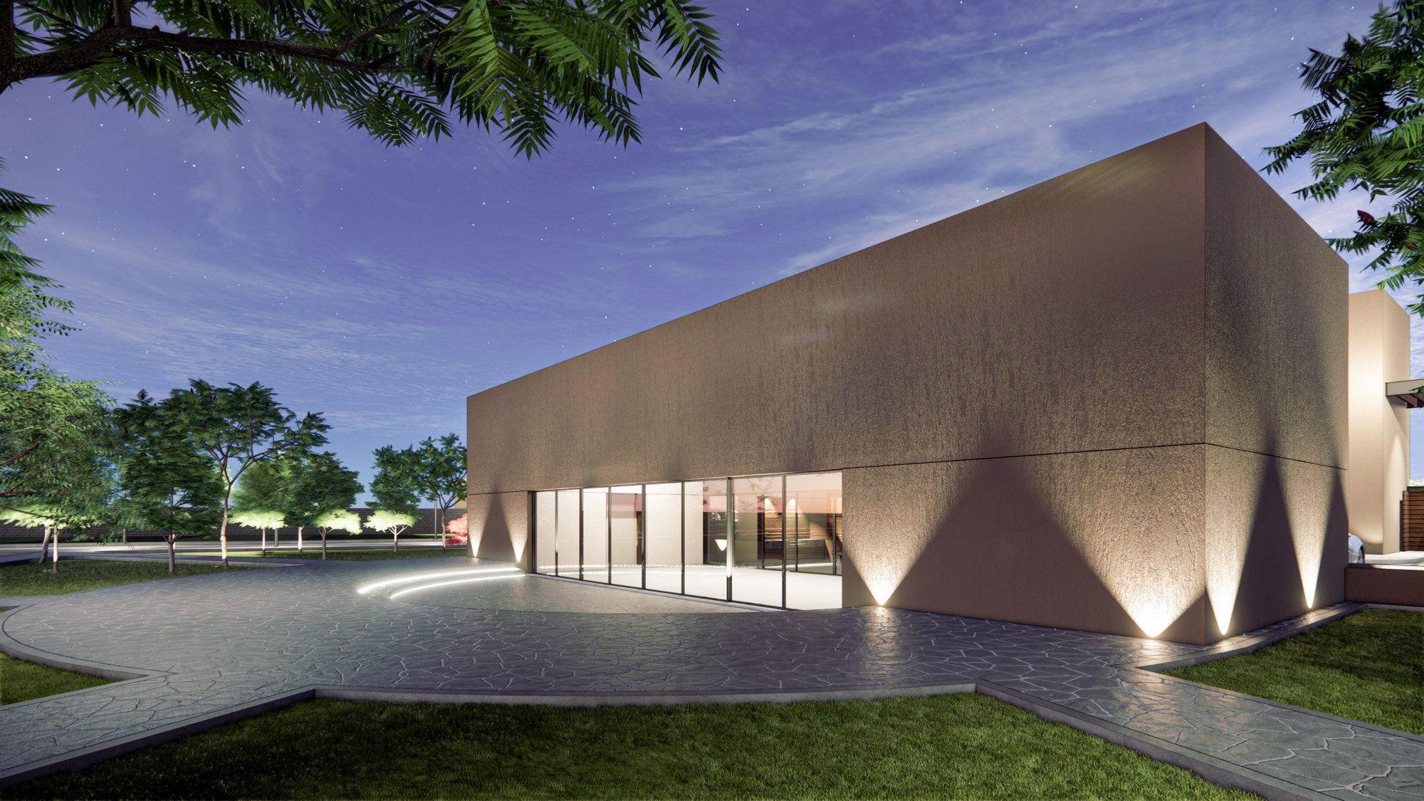 Render del salón de eventos de noche